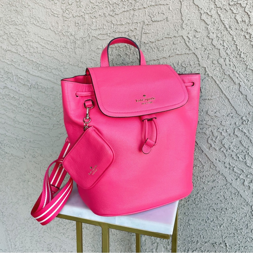 KATE SPADE Pink Leather Rosie Medium Flap Backpack w Keychain Pouch Stripe Strap
